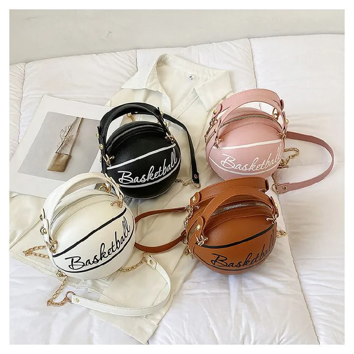 Hot sale Small Basketball Hand Bag popular Fashion Women  PU Leather Chains Letter Print Handbag Female Mini Round Tote hand bag