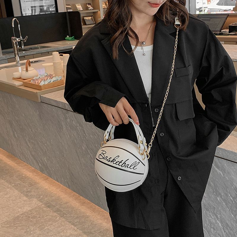 Hot sale Small Basketball Hand Bag popular Fashion Women  PU Leather Chains Letter Print Handbag Female Mini Round Tote hand bag