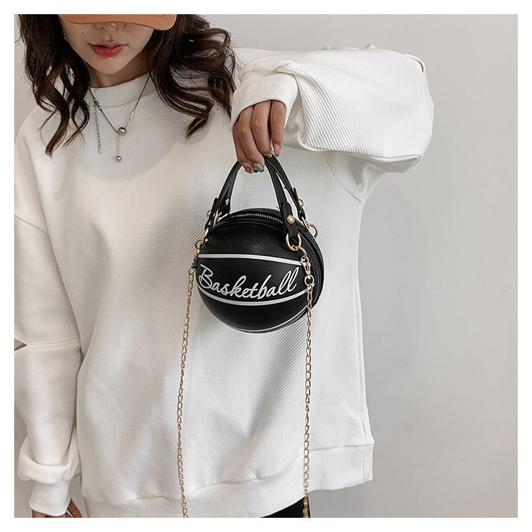 Hot sale Small Basketball Hand Bag popular Fashion Women  PU Leather Chains Letter Print Handbag Female Mini Round Tote hand bag