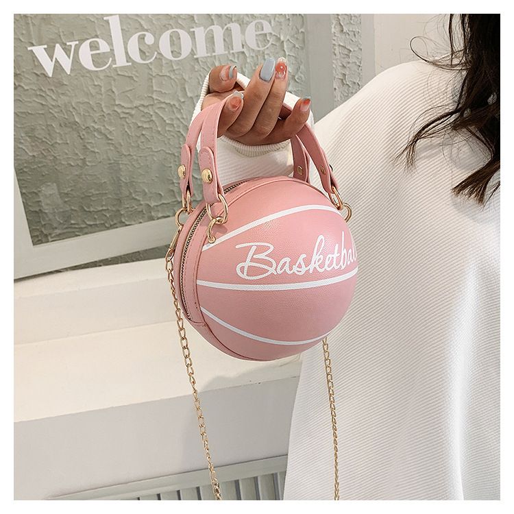 Hot sale Small Basketball Hand Bag popular Fashion Women  PU Leather Chains Letter Print Handbag Female Mini Round Tote hand bag