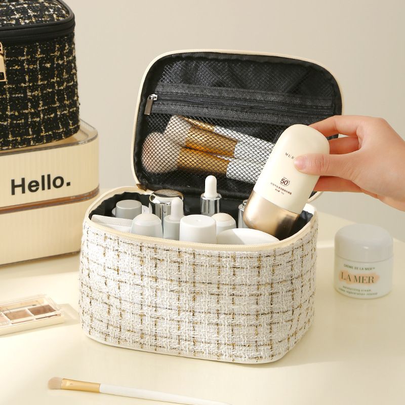 New design Fashion Plaid Tweed Storage Bag Travel Ladies Toiletries Storage Custom Cosmetic Bag lattice makeup bag large capacity portable travel storage bag makeup organizer bags