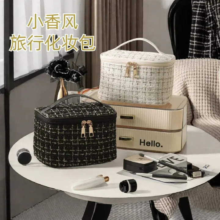New design Fashion Plaid Tweed Storage Bag Travel Ladies Toiletries Storage Custom Cosmetic Bag lattice makeup bag large capacity portable travel storage bag makeup organizer bags