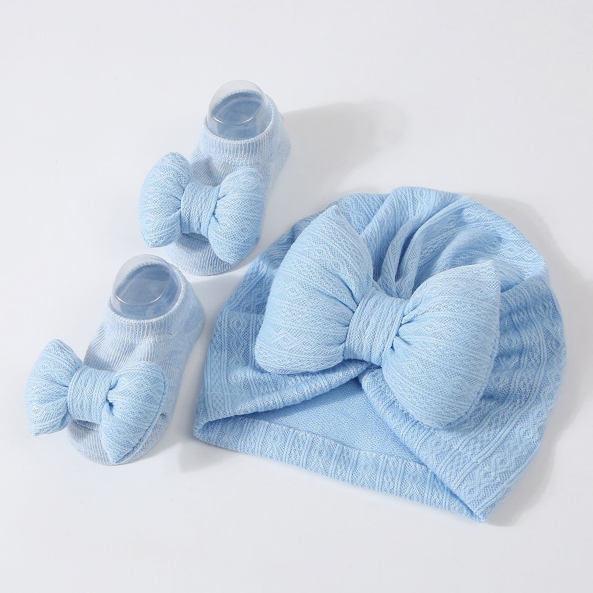 2pcs/set Hat and Socks Set Super Soft Knitted Cotton luxury baby turban caps sets hijab hair accessory headscarf Big Bow Socks baby hat Sleepwear cap head scarf for babies sleeping
