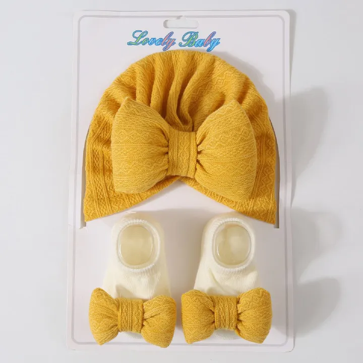 2pcs/set Hat and Socks Set Super Soft Knitted Cotton luxury baby turban caps sets hijab hair accessory headscarf Big Bow Socks baby hat Sleepwear cap head scarf for babies sleeping