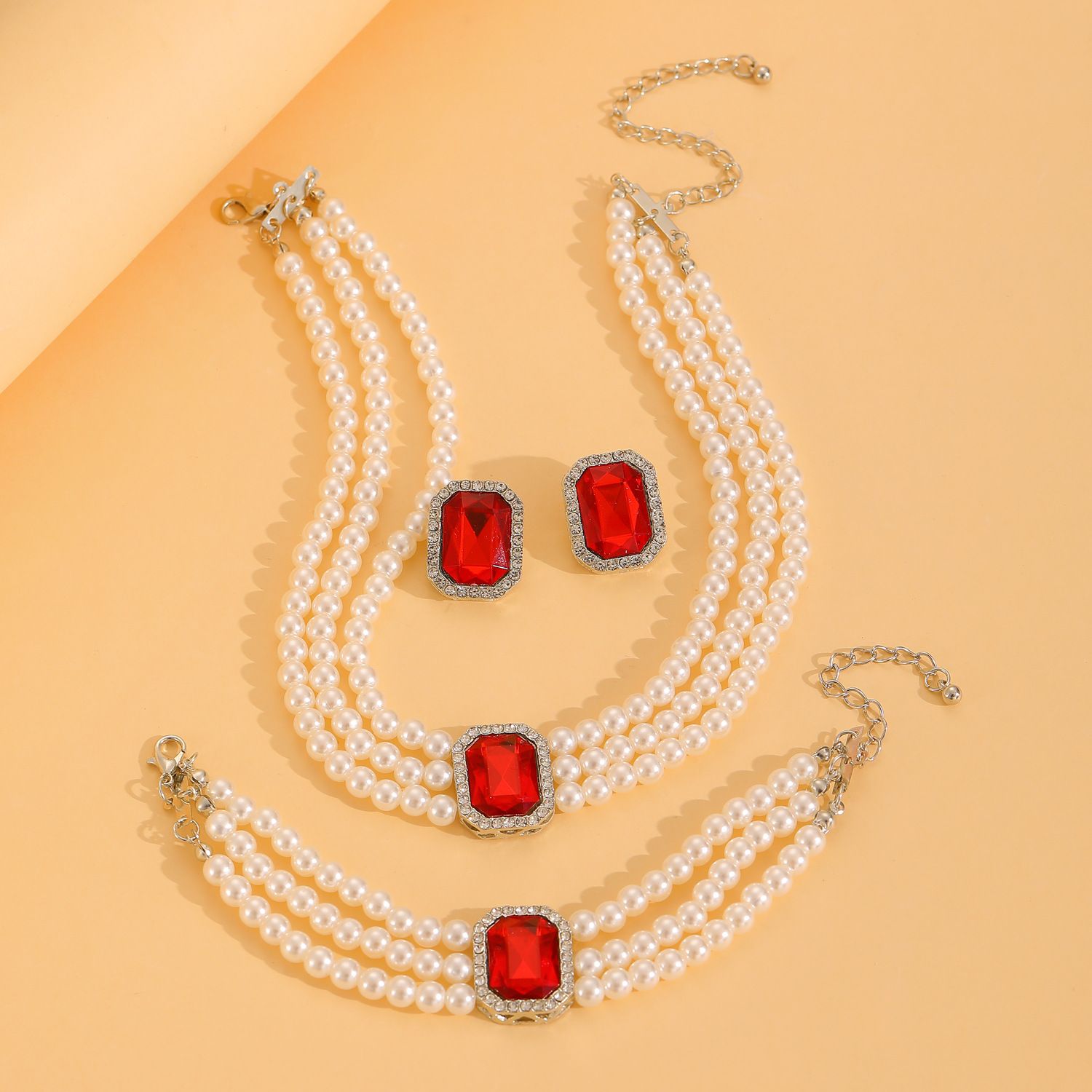 European American New Fashion Hot Sale Choker Necklace Personality Pearl Beaded Charms Court Style（Necklace+Bracelet+Earring  ）Jewelry Set for Woman