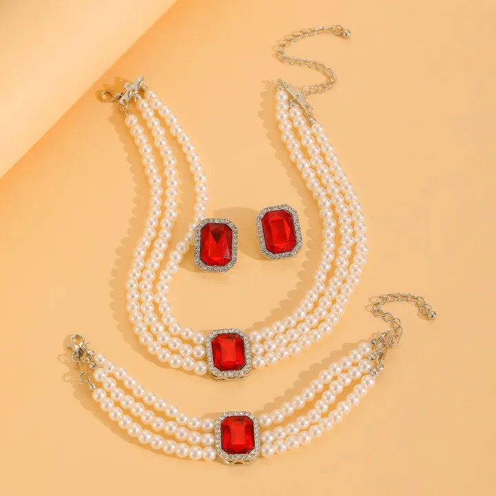 European American New Fashion Hot Sale Choker Necklace Personality Pearl Beaded Charms Court Style（Necklace+Bracelet+Earring  ）Jewelry Set for Woman