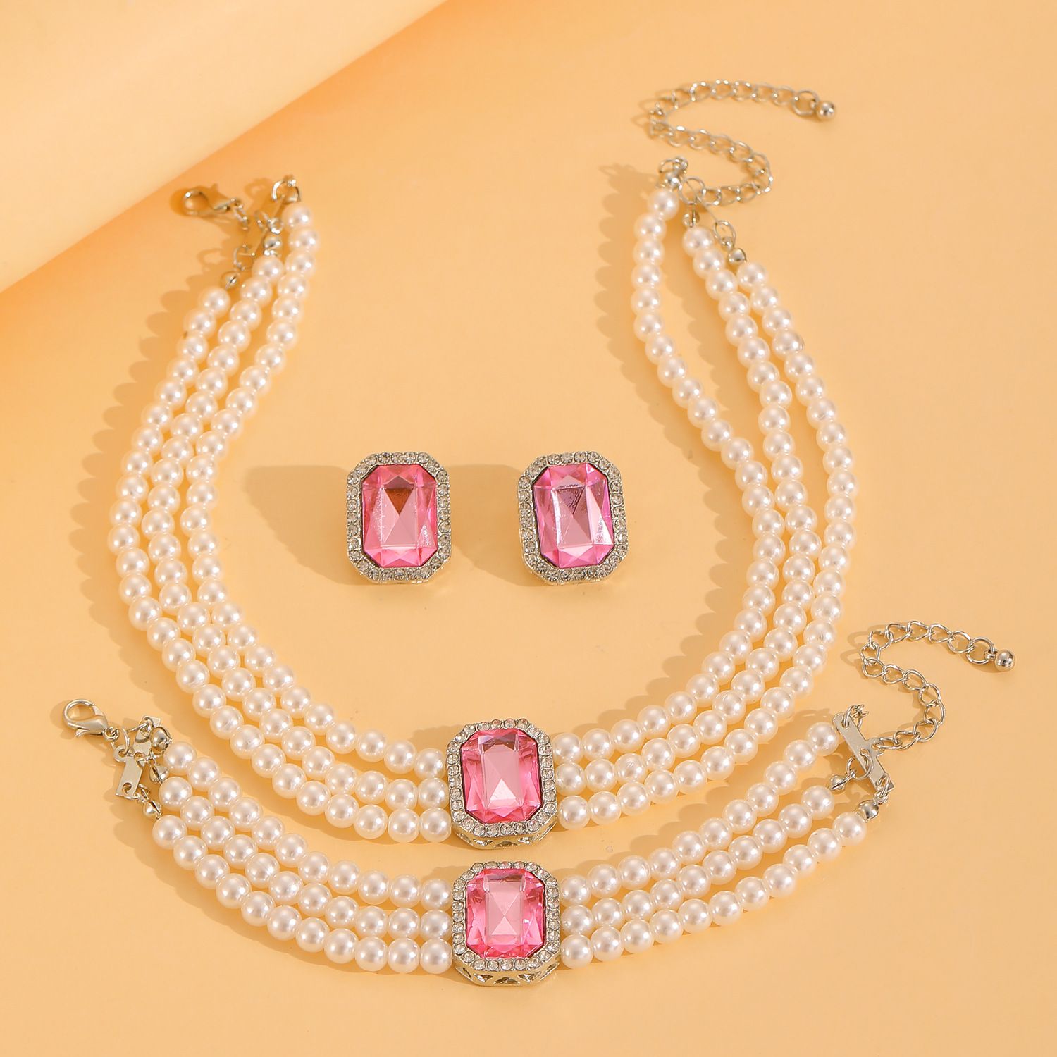 European American New Fashion Hot Sale Choker Necklace Personality Pearl Beaded Charms Court Style（Necklace+Bracelet+Earring  ）Jewelry Set for Woman