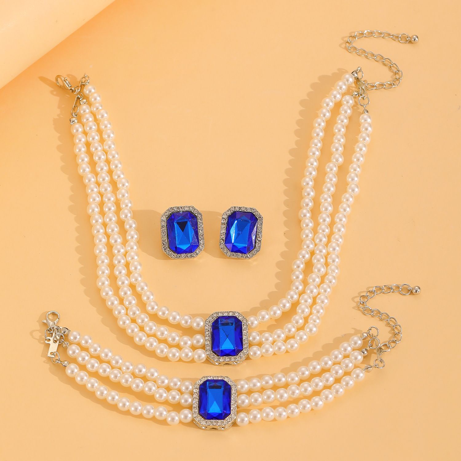 European American New Fashion Hot Sale Choker Necklace Personality Pearl Beaded Charms Court Style（Necklace+Bracelet+Earring  ）Jewelry Set for Woman