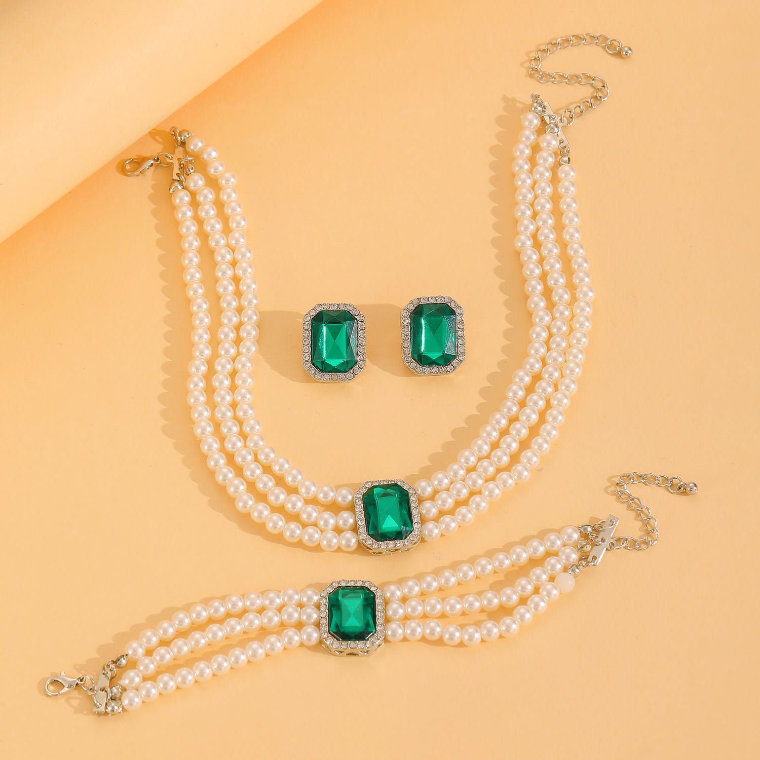 European American New Fashion Hot Sale Choker Necklace Personality Pearl Beaded Charms Court Style（Necklace+Bracelet+Earring  ）Jewelry Set for Woman