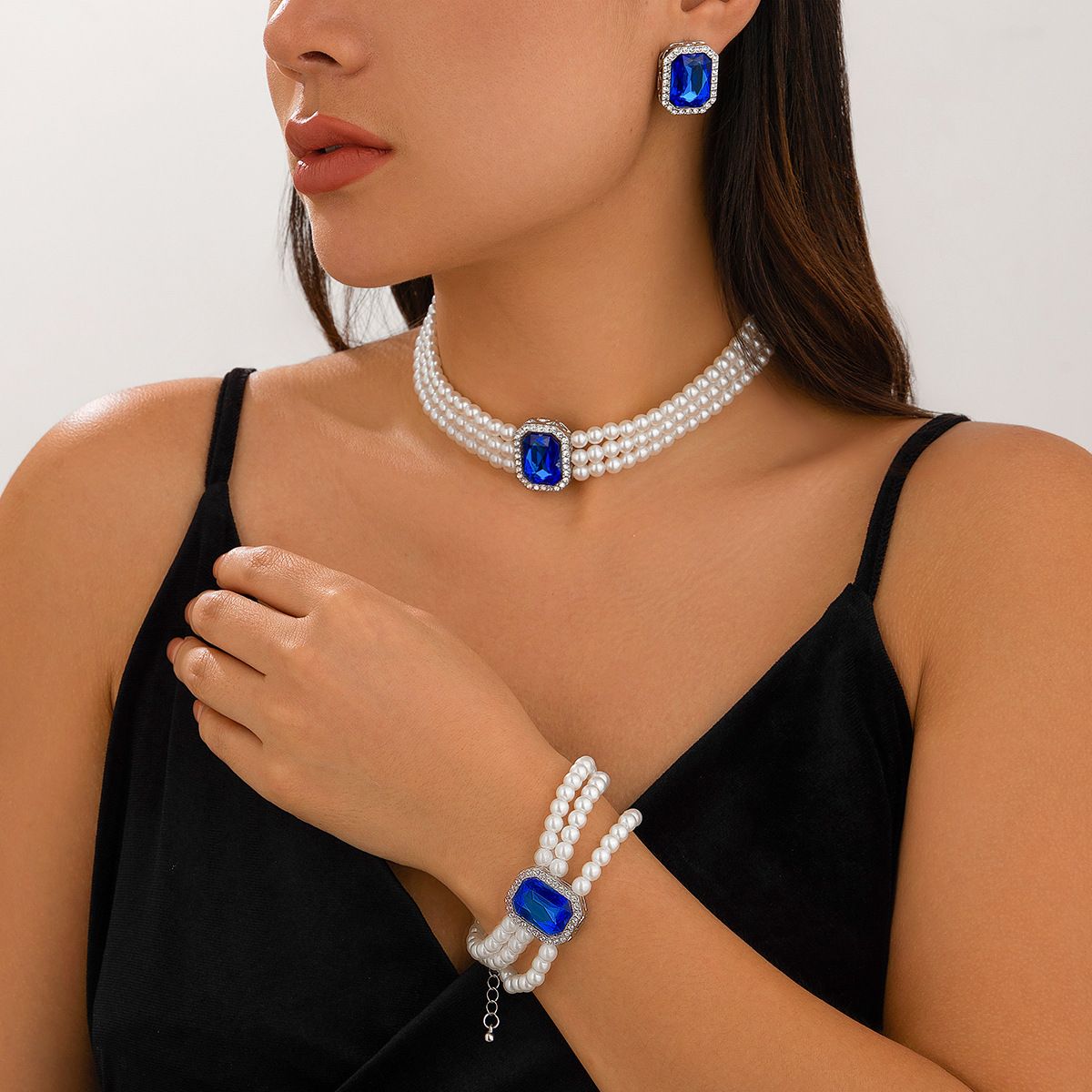 European American New Fashion Hot Sale Choker Necklace Personality Pearl Beaded Charms Court Style（Necklace+Bracelet+Earring  ）Jewelry Set for Woman