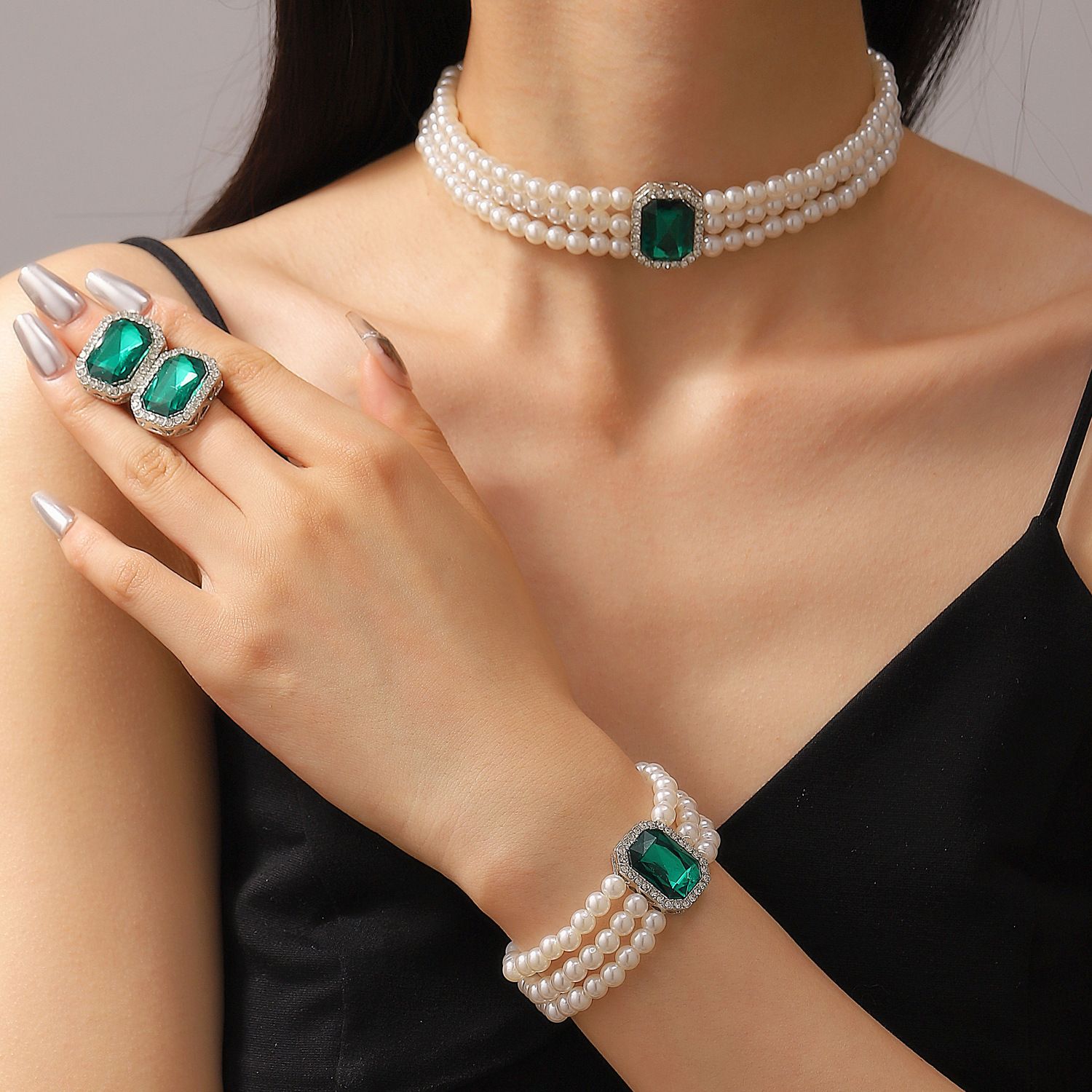 European American New Fashion Hot Sale Choker Necklace Personality Pearl Beaded Charms Court Style（Necklace+Bracelet+Earring  ）Jewelry Set for Woman