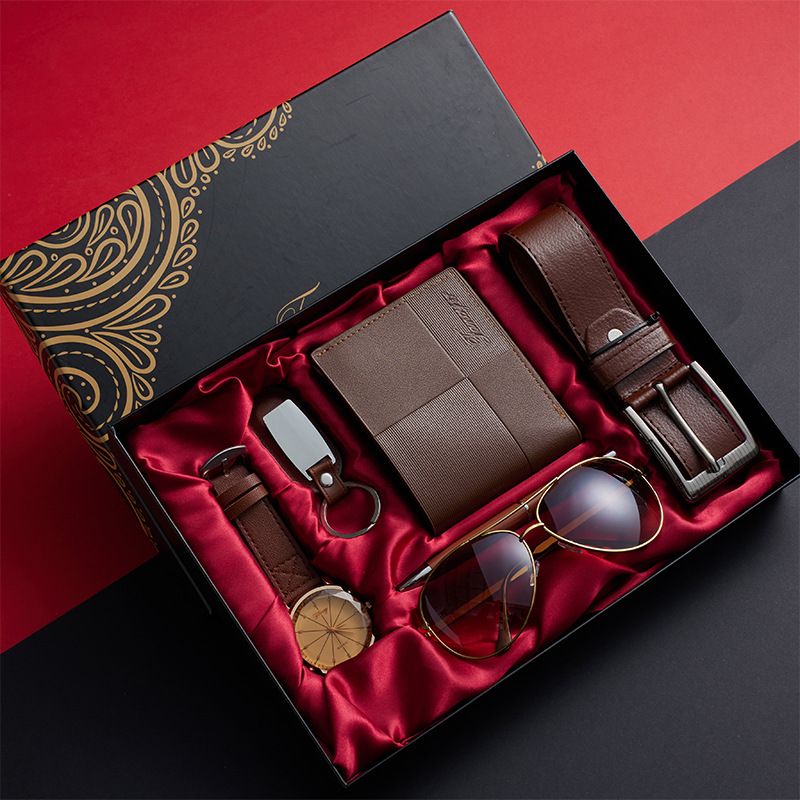 Creative Fashion And Exquisite Men 7-piece black /brown(belt + wallet + watch + keychain + pen + sunglasses + exquisite gift box)