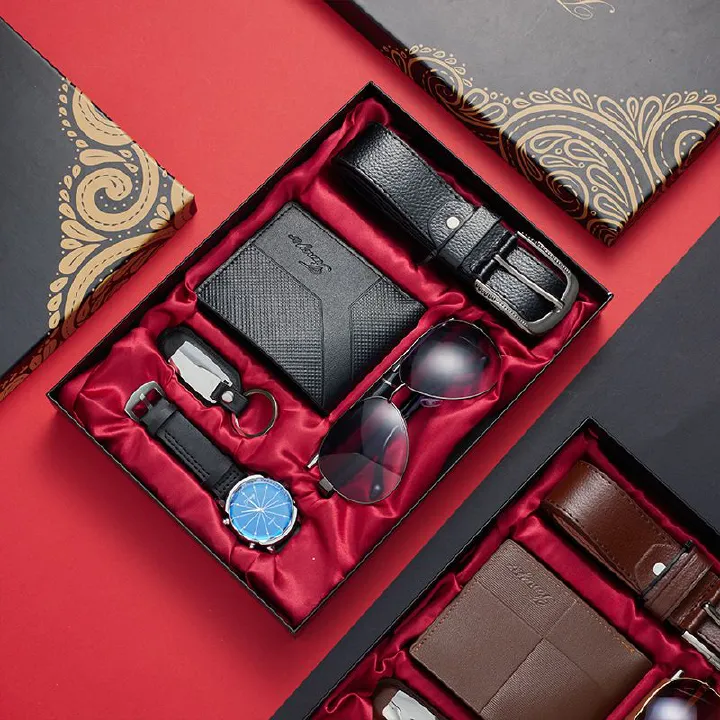 Creative Fashion And Exquisite Men 7-piece black /brown(belt + wallet + watch + keychain + pen + sunglasses + exquisite gift box)
