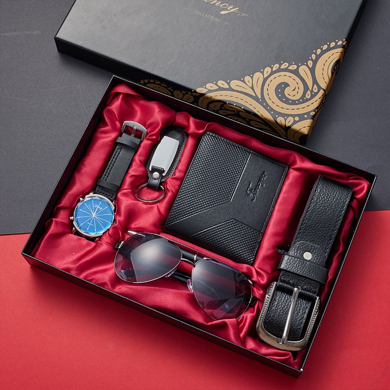 Creative Fashion And Exquisite Men 7-piece black /brown(belt + wallet + watch + keychain + pen + sunglasses + exquisite gift box)