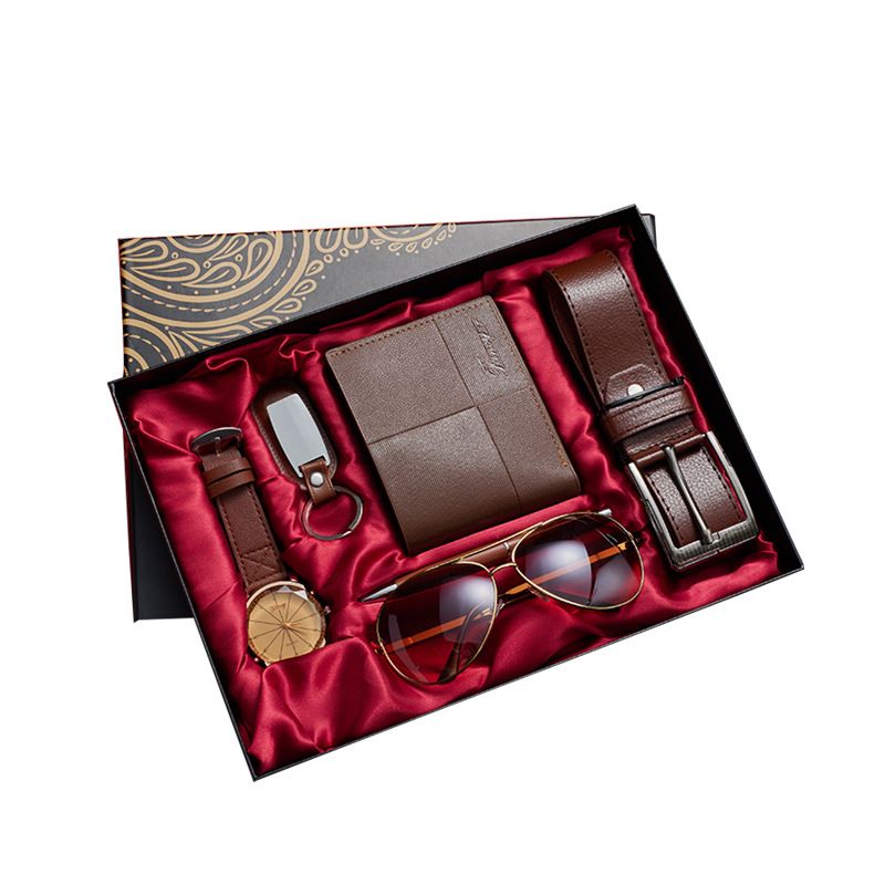 Creative Fashion And Exquisite Men 7-piece black /brown(belt + wallet + watch + keychain + pen + sunglasses + exquisite gift box)
