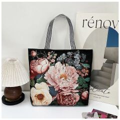 Gelory Fashion Painted Western Retro Style Large Capacity Tote Bag Zipper Closure Canvas Women's Shoulder Handbags