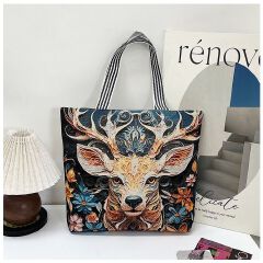 Gelory Fashion Painted Western Retro Style Large Capacity Tote Bag Zipper Closure Canvas Women's Shoulder Handbags