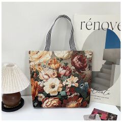 Gelory Fashion Painted Western Retro Style Large Capacity Tote Bag Zipper Closure Canvas Women's Shoulder Handbags