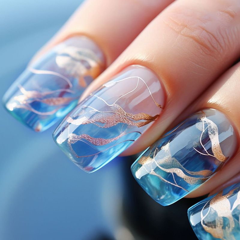 24PCS Boxed Beautiful European and American mid-length European square-shaped cool blue blurred nail art with gold foil lines  Press on Nails wearing nails