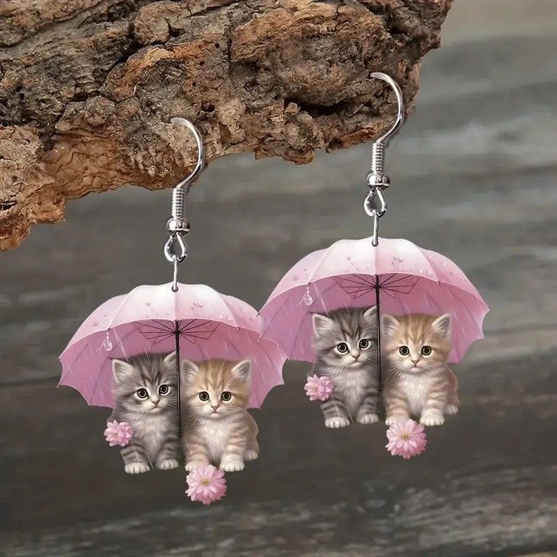 New Light Luxury Adorable Creative Pink Acrylic Umbrella Drop Earrings Women Jewelry 2025 Fashion Cute Two Cats Dangle Earrings Gifts for Girls