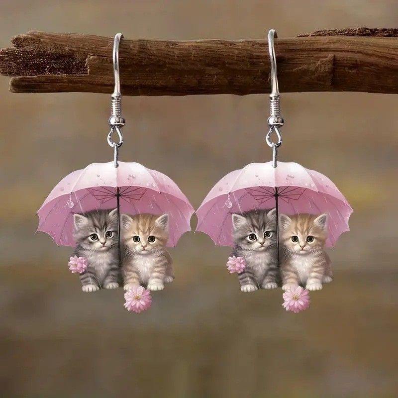 New Light Luxury Adorable Creative Pink Acrylic Umbrella Drop Earrings Women Jewelry 2025 Fashion Cute Two Cats Dangle Earrings Gifts for Girls
