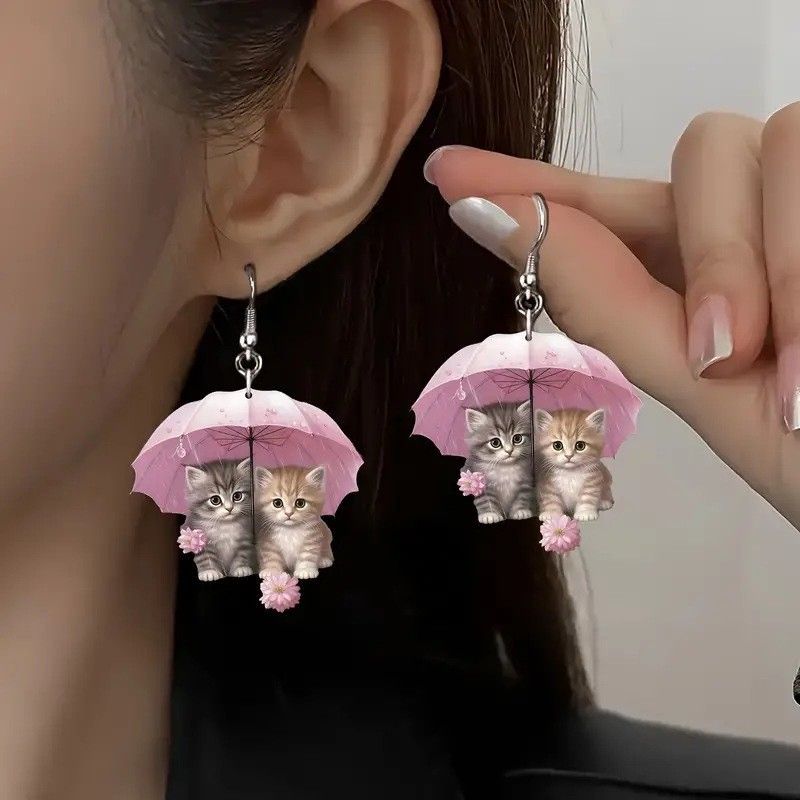 New Light Luxury Adorable Creative Pink Acrylic Umbrella Drop Earrings Women Jewelry 2025 Fashion Cute Two Cats Dangle Earrings Gifts for Girls