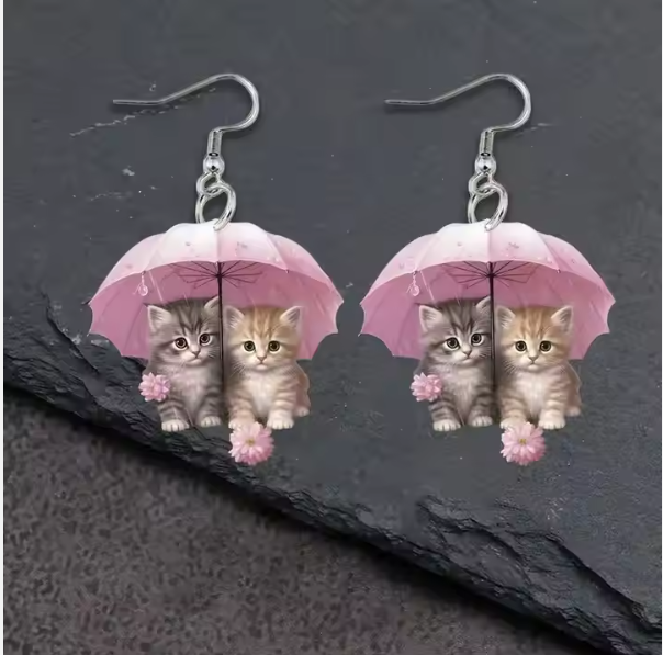 New Light Luxury Adorable Creative Pink Acrylic Umbrella Drop Earrings Women Jewelry 2025 Fashion Cute Two Cats Dangle Earrings Gifts for Girls