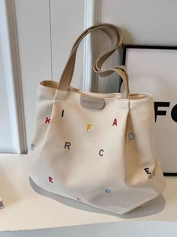 2025 Trendy Shop Bag Woman Canvas Bag Fresh Embroidered Letter Small Fresh Shoulder Tote Bag Fashion