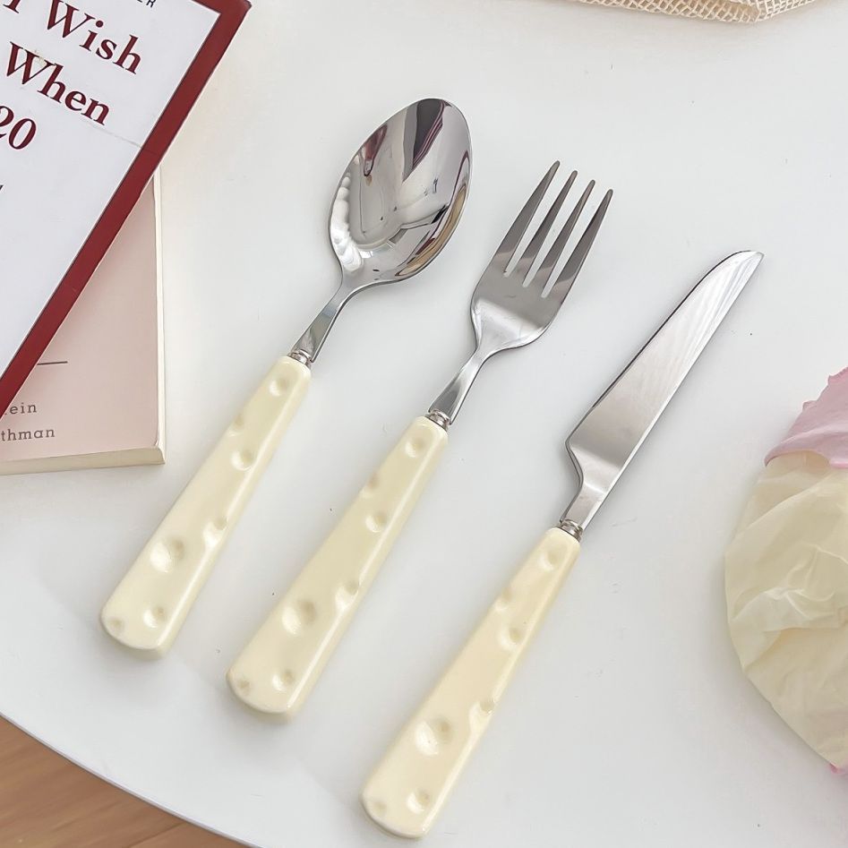 3pcs Knife Fork and Spoon Cute Cheese Home Portable Stainless Steel Knife and Fork Western Dessert Spoon Tableware Set