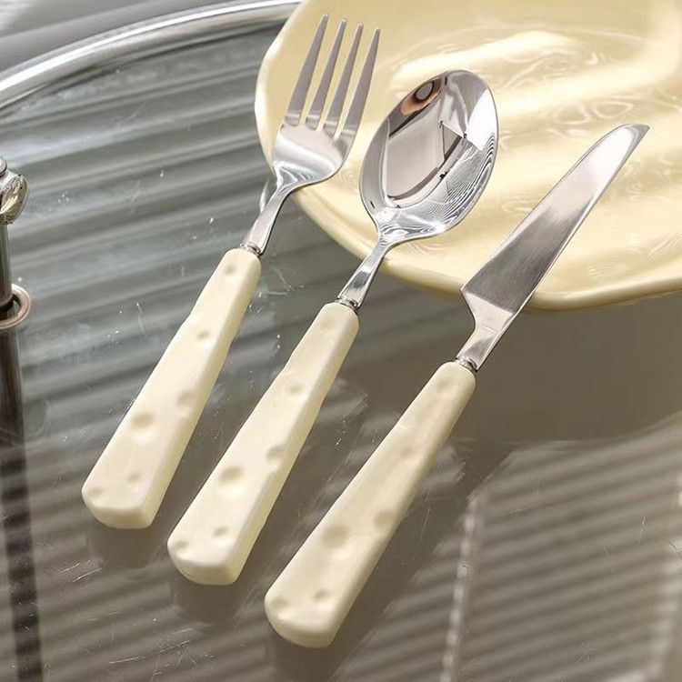 3pcs Knife Fork and Spoon Cute Cheese Home Portable Stainless Steel Knife and Fork Western Dessert Spoon Tableware Set