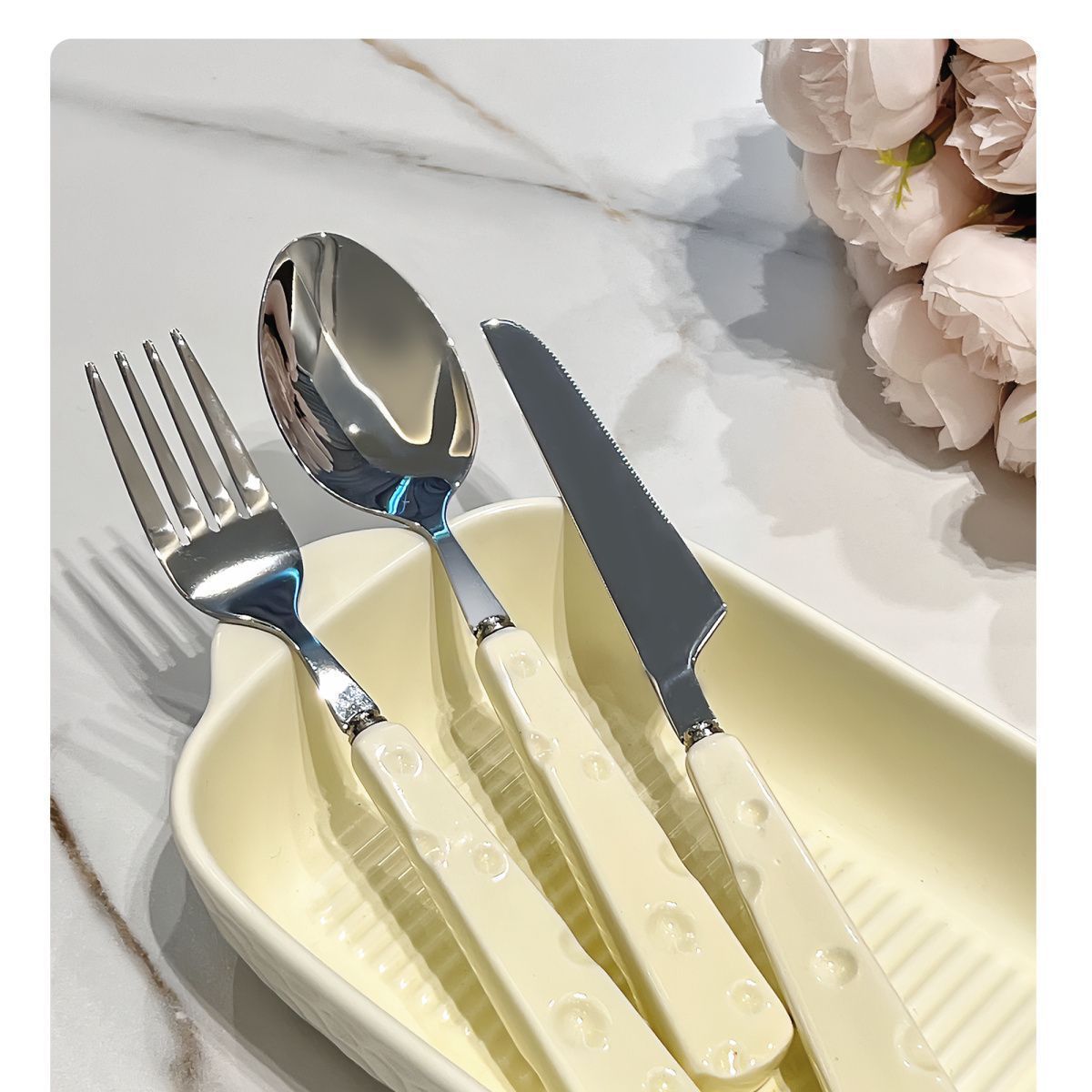 3pcs Knife Fork and Spoon Cute Cheese Home Portable Stainless Steel Knife and Fork Western Dessert Spoon Tableware Set