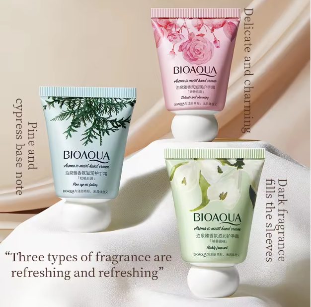 BIOAUQA Fragrant Pine and Cypress Rose Hand Cream Moisturizing Nourishing Whitening Mini Hand Cream Moisture Lotion