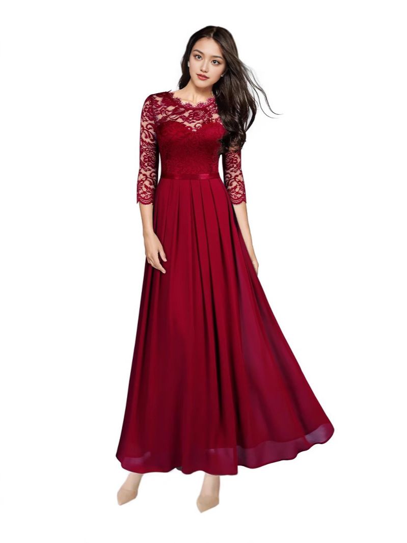 Pleated Long Dress  Dresses Fashion Wedding Party Evening Bridesmaid  Mesh Women middle Sleeve Trade Assurance CLASSIC Women's Lace Long Evening Gown Bridesmaid Dress