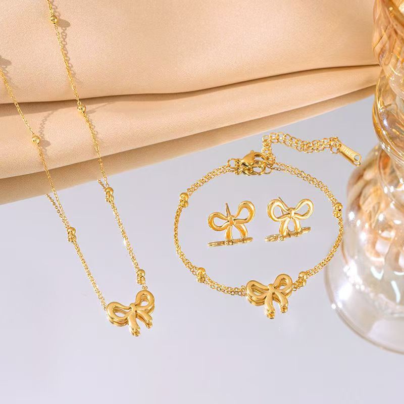 Jewelry Set - Matching Necklace, Bracelet,Ring & Stud Earrings in Gold Plated Stainless Steel, Elegant Gift for Her