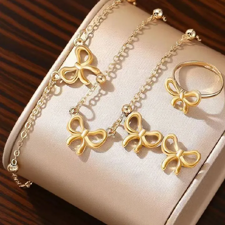 Jewelry Set - Matching Necklace, Bracelet,Ring & Stud Earrings in Gold Plated Stainless Steel, Elegant Gift for Her