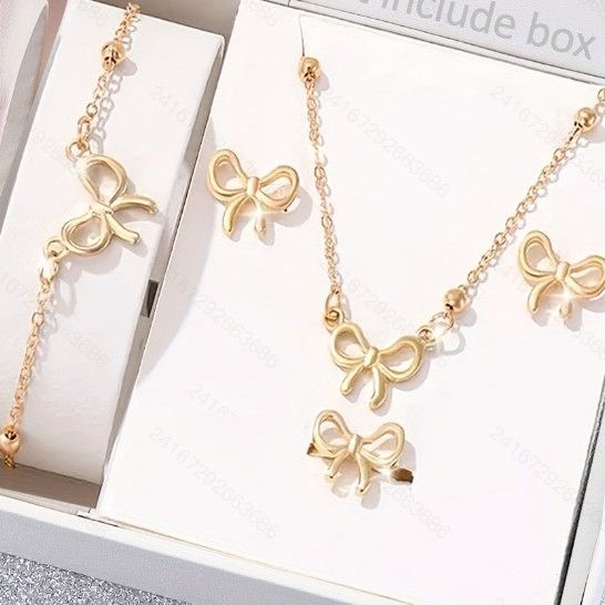 Jewelry Set - Matching Necklace, Bracelet,Ring & Stud Earrings in Gold Plated Stainless Steel, Elegant Gift for Her