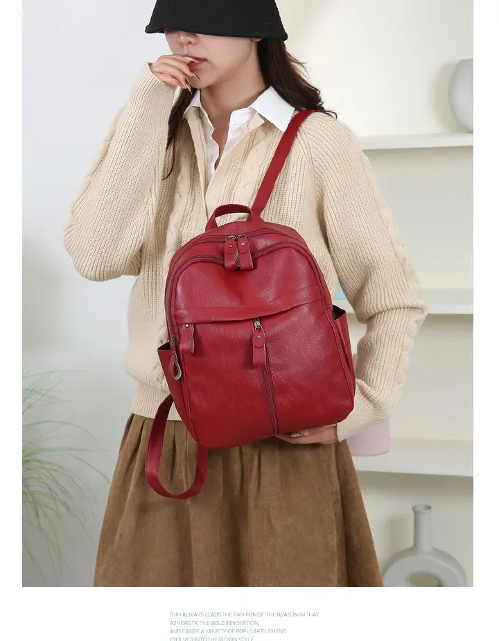 Women's Trendy Solid Color PU Soft Leather Backpack Fashion Design Outdoor Casual Daily Commute Travel Bag  Waterproof Backpack