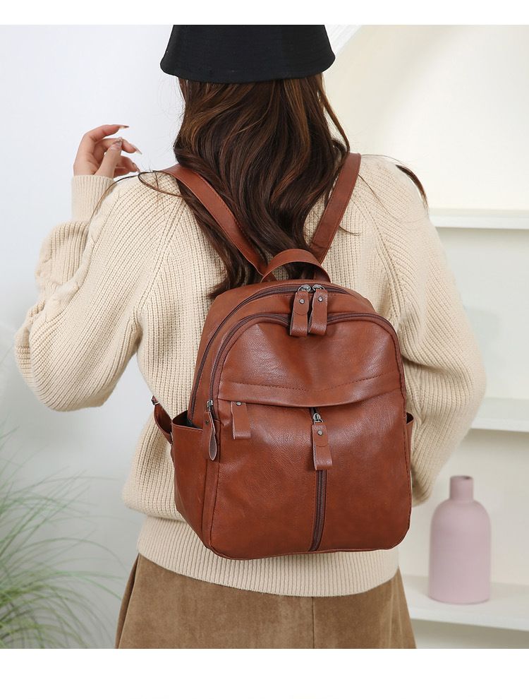 Women's Trendy Solid Color PU Soft Leather Backpack Fashion Design Outdoor Casual Daily Commute Travel Bag  Waterproof Backpack