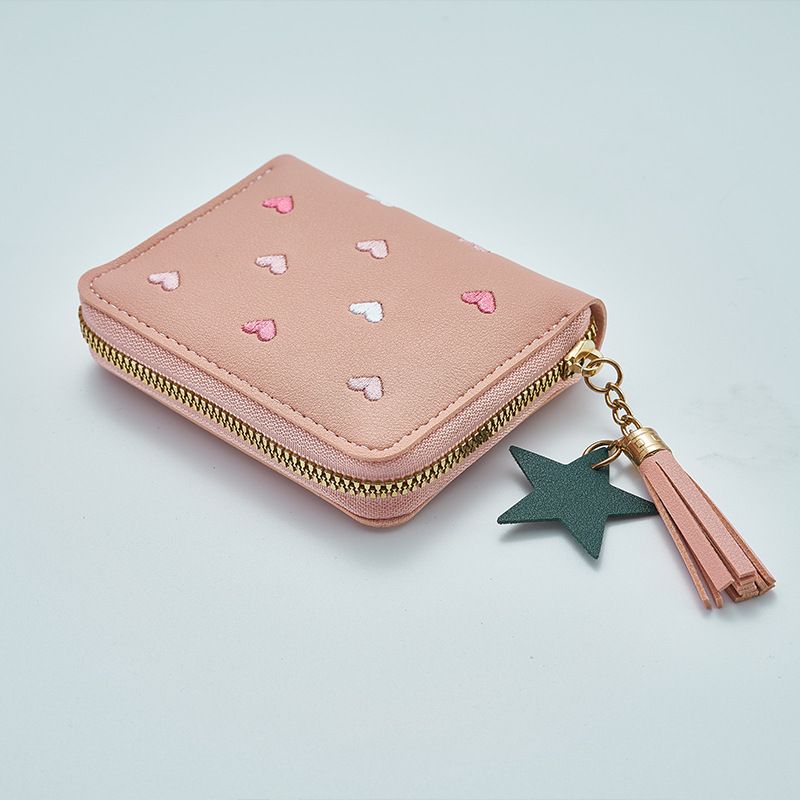 Hot Sale Women's Promotion Cheap Pu Leather Mini Wallet With Zipper Closure Star Pendant Tassel Decoration for Girls