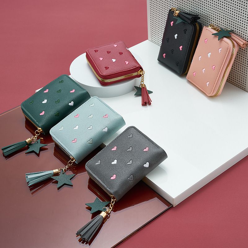 Hot Sale Women's Promotion Cheap Pu Leather Mini Wallet With Zipper Closure Star Pendant Tassel Decoration for Girls