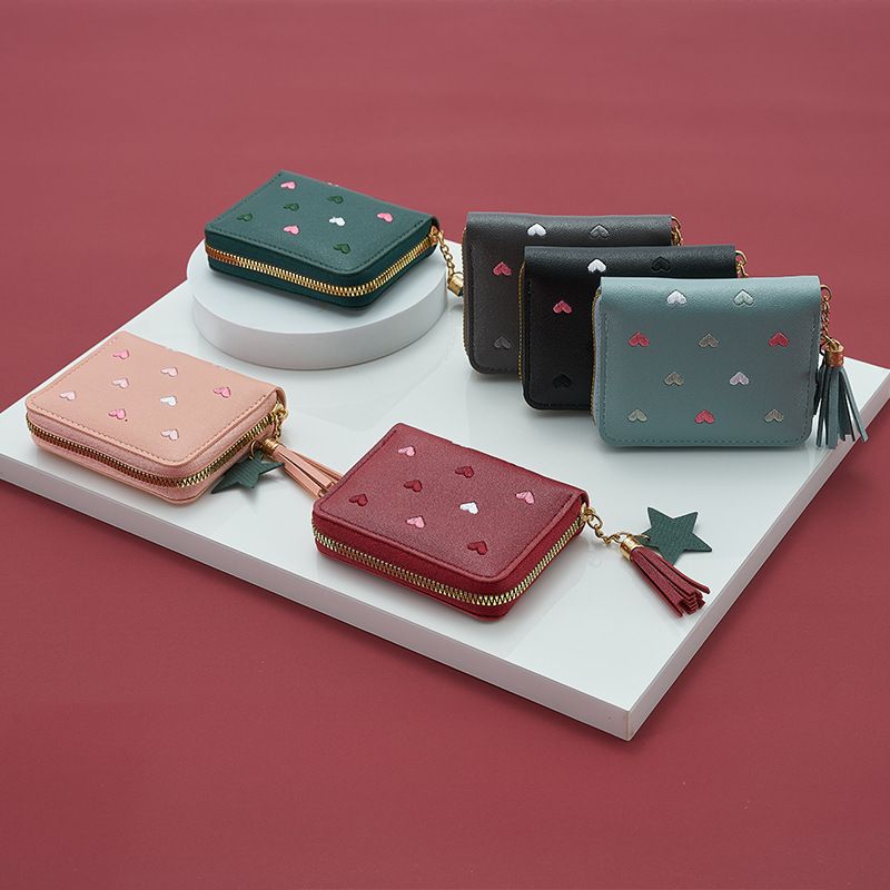 Hot Sale Women's Promotion Cheap Pu Leather Mini Wallet With Zipper Closure Star Pendant Tassel Decoration for Girls