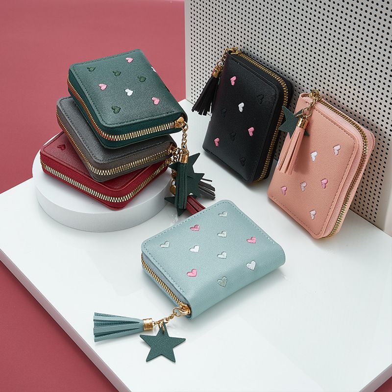 Hot Sale Women's Promotion Cheap Pu Leather Mini Wallet With Zipper Closure Star Pendant Tassel Decoration for Girls