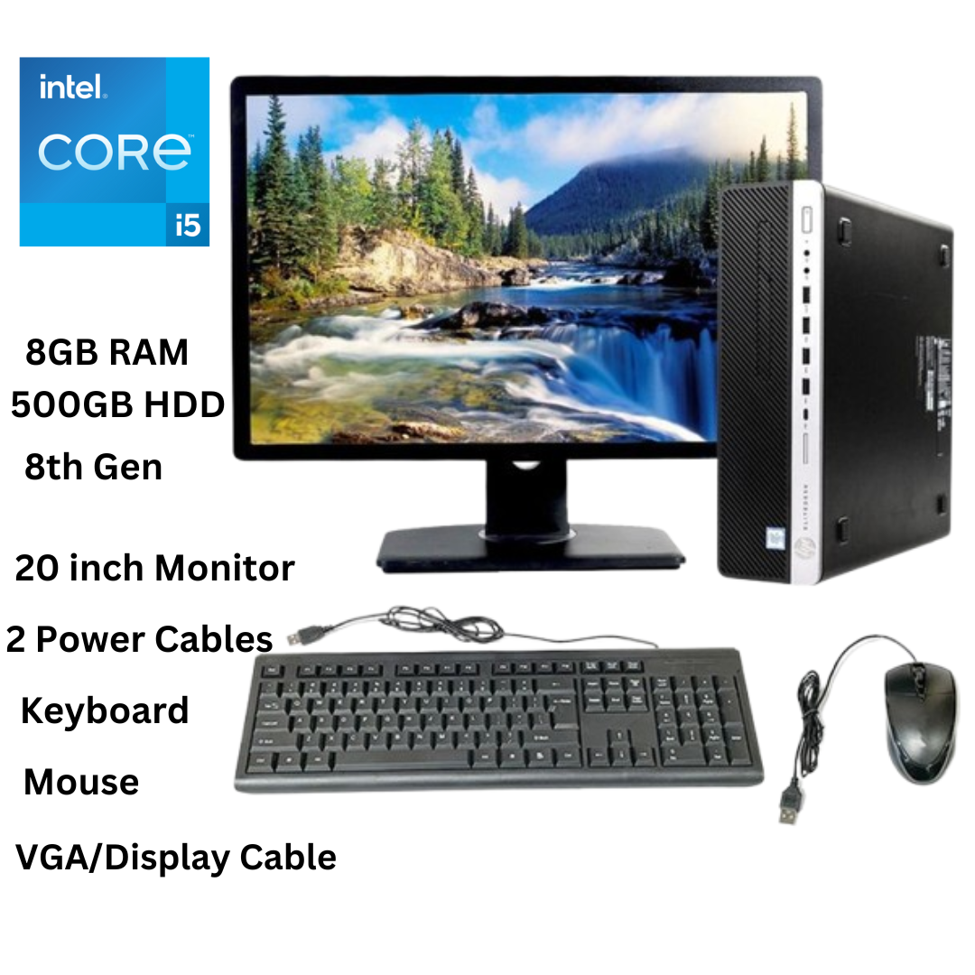 Refurbished ProDesk 400 G5 Core i5 8GB RAM 500GB HDD 8TH Gen Business SFF Desktop CPU + 20 Inch Monitor  (6 Months WRTY)