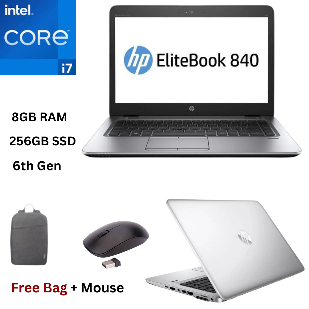 HP EliteBook 840 G3  Core i7 8GB RAM 256GB SSD 6th Generaton 14 Inches Full HD 2.6GHz up to 3.2GHz Dual Core Processor  Windows 10 Pro Ultra Slim Refurbished Laptop + Bag & Mouse - 6 MONTHS WARRANTY
