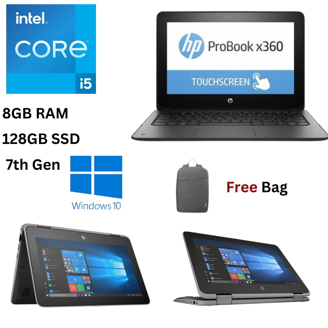 HP ProBook X360 11 G2 EE Core i5 7th Gen 8GB RAM 128GB SSD 11.6 Inches HD Touchscreen 1.2GHz up to 3.2GHz Dual Core Processor Windows 10 Pro 2 in 1 Convertible Slim Refurbished Laptop + Free Bag