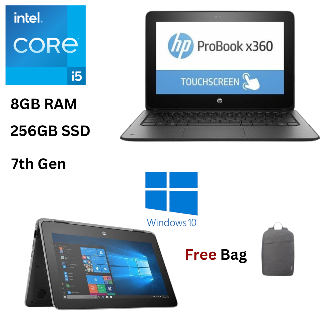 HP ProBook X360 11 G2 EE Core i5 7th Gen 8GB RAM 256GB SSD 11.6 Inches HD Touchscreen 1.2GHz up to 3.2GHz Dual Core Processor Windows 10 Pro 2 in 1 Convertible Slim Refurbished Laptop + Free Bag