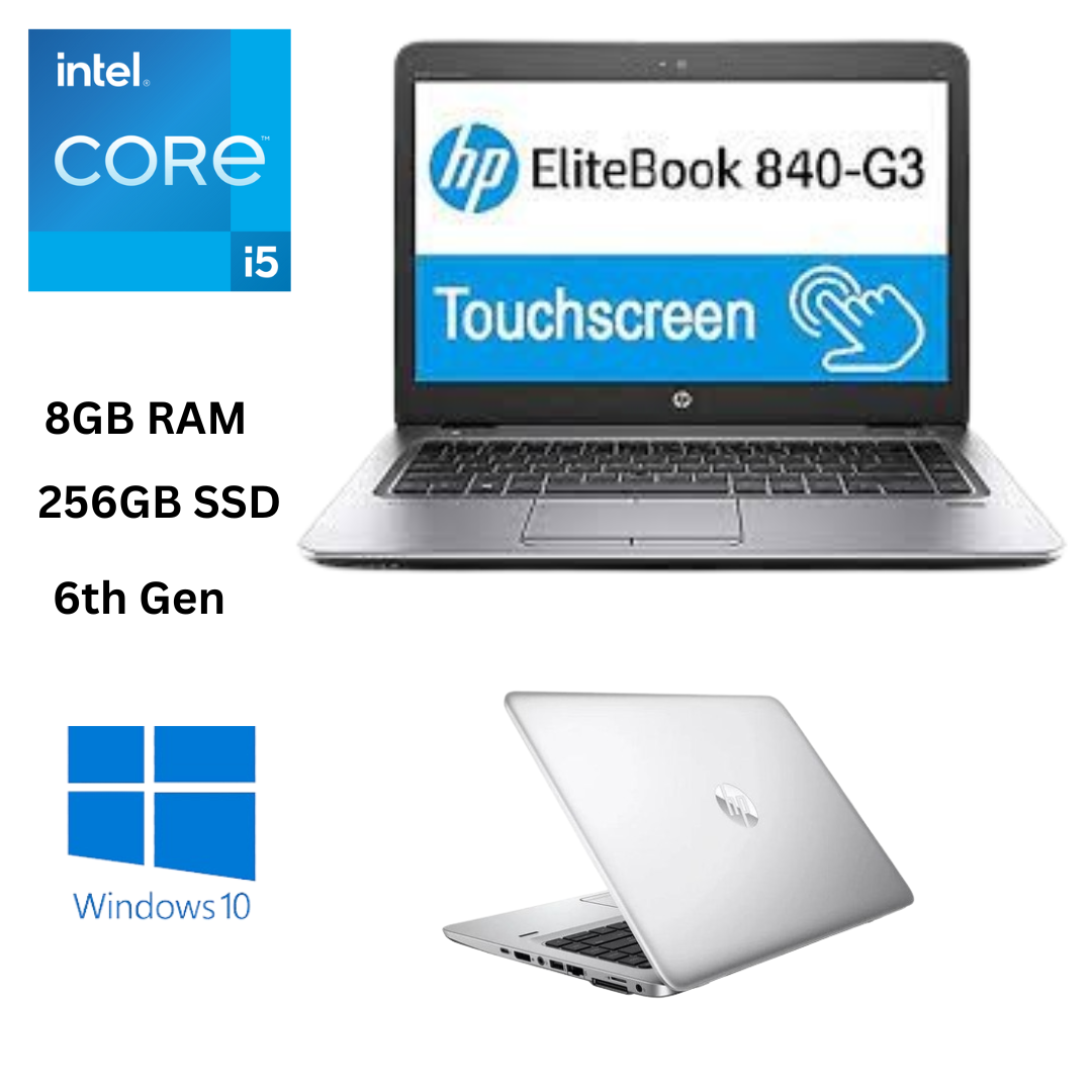 (FREE MOUSE) HP EliteBook 840 G3 Core i5 6th Gen 8GB RAM 256GB SSD 14 Inches Touchscreen 2.4GHz up to 3.1 GHz Dual Core Processor Windows 10 Pro Refurbished Slim Laptop