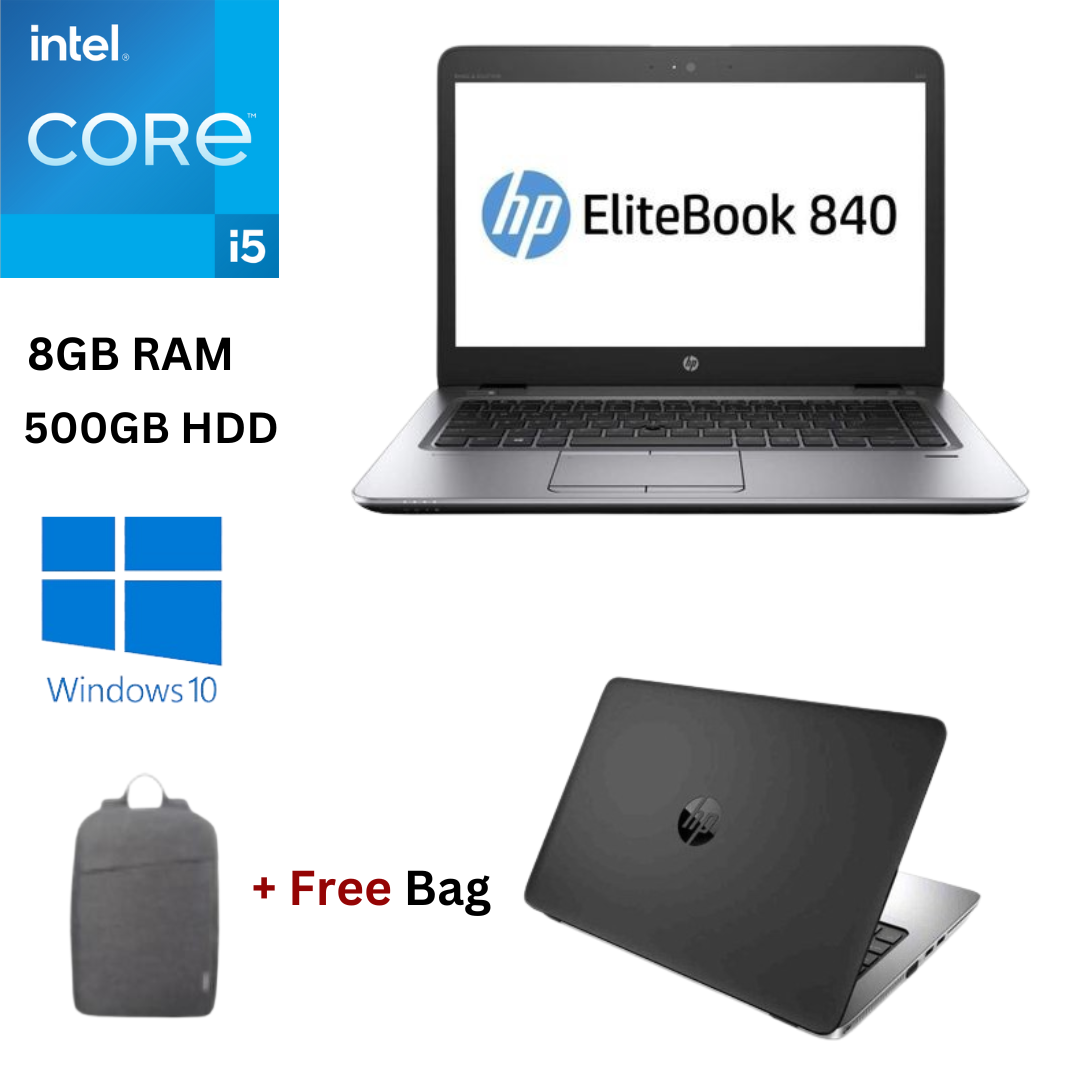 HP EliteBook 840 G1 Core i5 8GB RAM 500GB HDD 14 Inch HD 4th Generation 2.1GHz up to 2.8GHz Dual Core Processor Windows 10 Pro Slim Refurbished Laptop + Bag