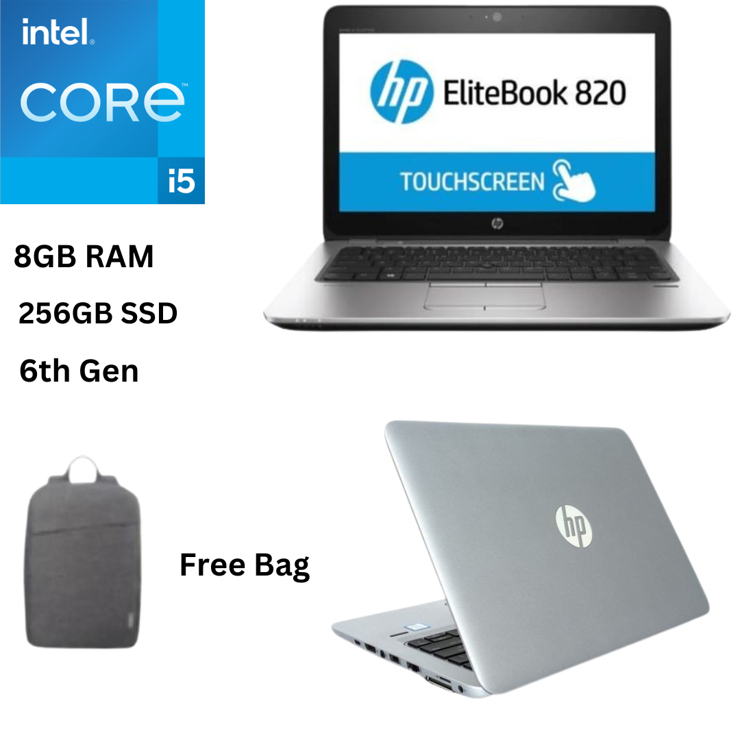 HP EliteBook 820 G3 Core i5 6th Gen 8GB RAM 256GB SSD 12.5 Inch HD Touchscreen 2.4GHz up to   Dual Core Processor Windows 10 Pro MS Office 2021 Ultra slim Refurbished Laptop + Bag
