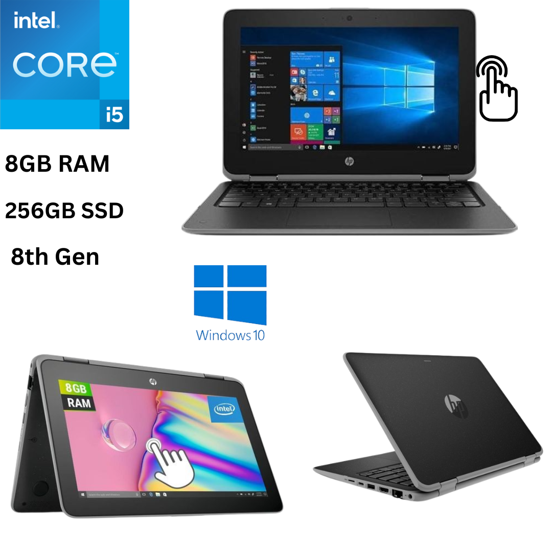 HP ProBook X360 11 G4 EE Core i5 8th Gen 8GB RAM 256GB SSD 11.6 Inch Touchscreen 1.3GHz up to 3.4GHz Dual Core Processor  Windows 10 Pro MS Office 2021 2 - IN - 1 Convertible Slim Refurbished Laptop